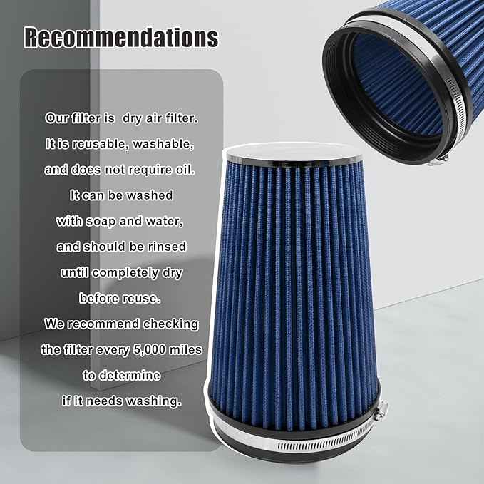 RYANSTAR RACING 152mm 6" High Flow Round Tapered Cone Closed-Top Washable Clamp-On Dry Air Filter Long 265mm tall Blue