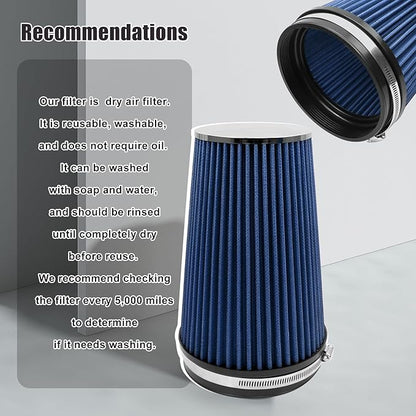 RYANSTAR RACING 152mm 6" High Flow Round Tapered Cone Closed-Top Washable Clamp-On Dry Air Filter Long 265mm tall Blue