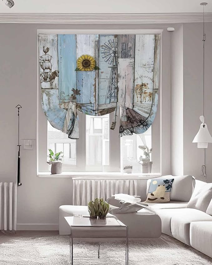 Tie Up Curtains for Windows, Blue Grey Wooden Adjustable Balloon Nature Linen Textured Kitchen Curtain, Farmhouse Barn Sunflowers Retro Thermal Insulated Curtains for Window, 42" x 54"