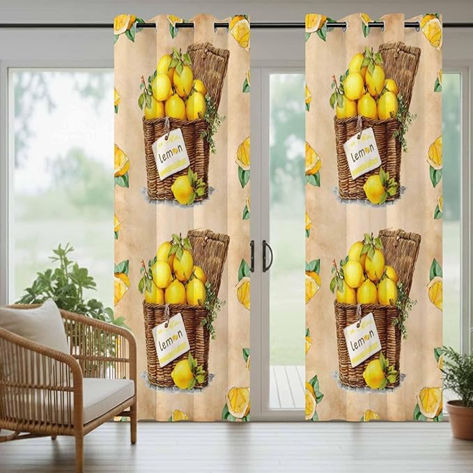 Lemon Outdoor Curtains for Patio Lemons in Baskets Summer Tropical Plant Brown Waterproof Outside Curtains with Grommet Top Weatherproof Curtain for Cabana Pergola Gazebo, 1 Panel, 54" W x 95" L
