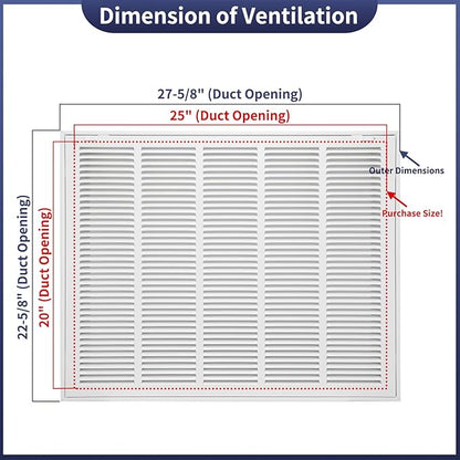 25"W x 20"H [Duct Opening Size] Steel Return Air Filter Grille - Removable Face/Door for 1 inch Filters -HVAC Vent Cover Grill - White [Outer Dimensions: 27 5/8"W X 22 5/8"H]