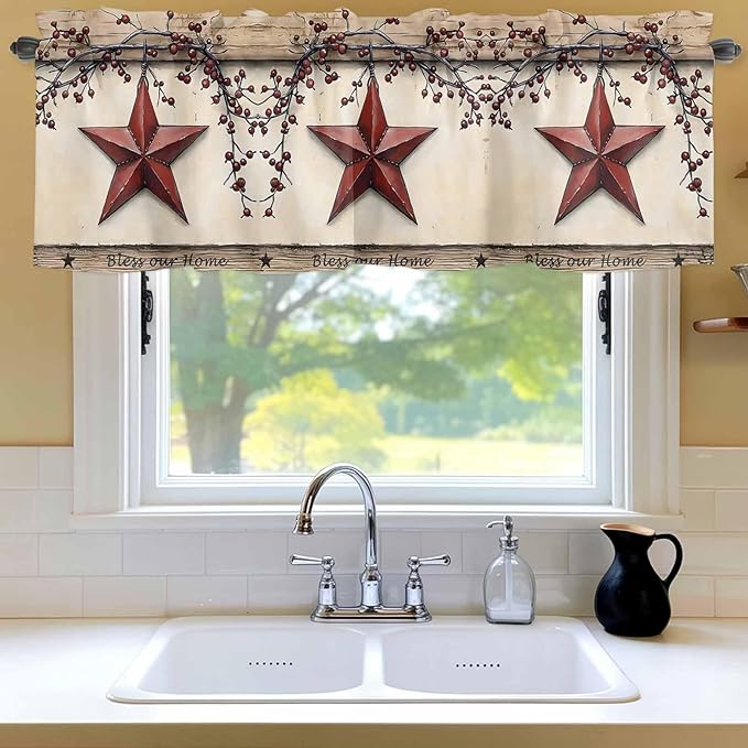 Farmhouse American Valances for Windows, Country Star Berries Vintage Wood Grain Kitchen Valance Light Filtering Rod Pocket Short Curtains for Kitchen Bathroom, 1 Panel, 42"x12"