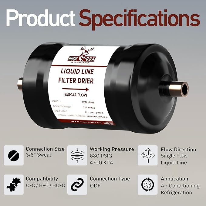 2 Pack Buck Single Flow Refrigerant Liquid Line Filter Drier 3/8" ODF Sweat BDML-083S - Compatible with CFC, HCFC, HFC - Straight Cool Air Conditioners (1-5 Tons)