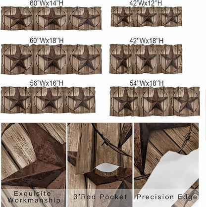 Vintage Texas Star Valances for Windows, Brown Wood Grain Wire Kitchen Valance Light Filtering Rod Pocket Short Curtains for Kitchen Bathroom, 1 Panel, 60"x18"