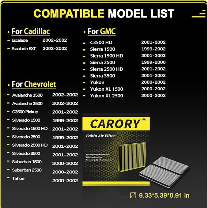 Cabin Air Filter w/Activated Carbon for Chevy, GMC, Cadillac Select Models - Silverado 1500/2500, Suburban, Avalanche 1500, Tahoe, Sierra 1500, Yukon, Escalade, and More
