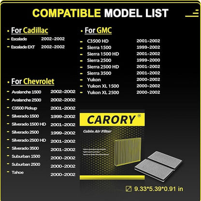 Cabin Air Filter w/Activated Carbon for Chevy, GMC, Cadillac Select Models - Silverado 1500/2500, Suburban, Avalanche 1500, Tahoe, Sierra 1500, Yukon, Escalade, and More