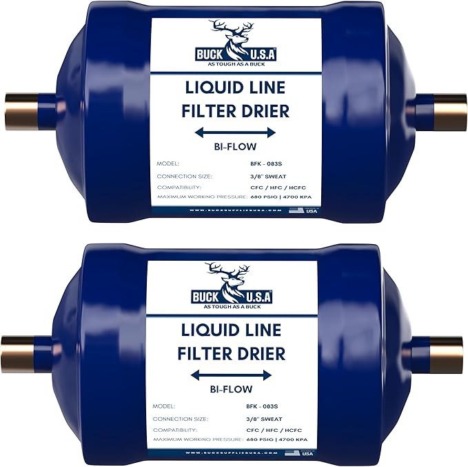 2 Pack Buck Bi-Flow Refrigerant Liquid Line Filter Drier 3/8" ODF Sweat BFK-083S - Compatible with CFC, HCFC, HFC - Ideal for Heat Pump & Straight Cool Air Conditioners (1-5 Tons)