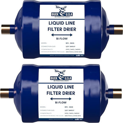2 Pack Buck Bi-Flow Refrigerant Liquid Line Filter Drier 3/8" ODF Sweat BFK-083S - Compatible with CFC, HCFC, HFC - Ideal for Heat Pump & Straight Cool Air Conditioners (1-5 Tons)