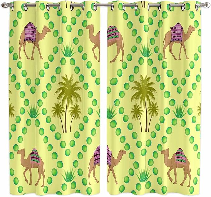 2 Panel Kitchen Cafe Curtains, Desert Sand Camels Sunlight Filtering Nature Air Through, Window Decor Tier Curtains for Living Room 104W x 84L inch Palm Trees Tropical Plants Polka Dot Yellow