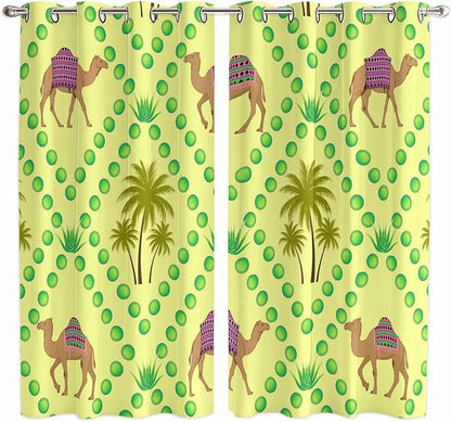 2 Panel Kitchen Cafe Curtains, Desert Sand Camels Sunlight Filtering Nature Air Through, Window Decor Tier Curtains for Living Room 104W x 84L inch Palm Trees Tropical Plants Polka Dot Yellow