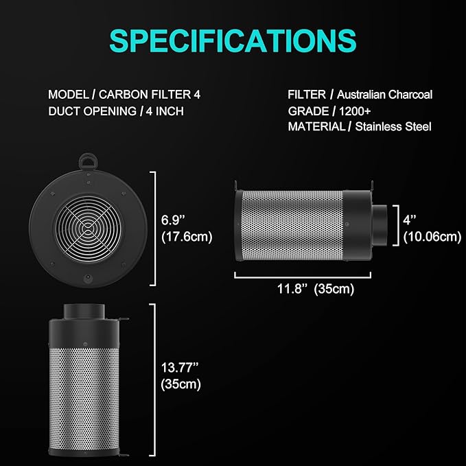 Air Carbon Filter with Built-in Fan, 4 Inch, Australian Virgin Charcoal, Carbon Filter for Grow Tent, Hydroponics, with Speed Control, Prefilter and Hanging Ropes