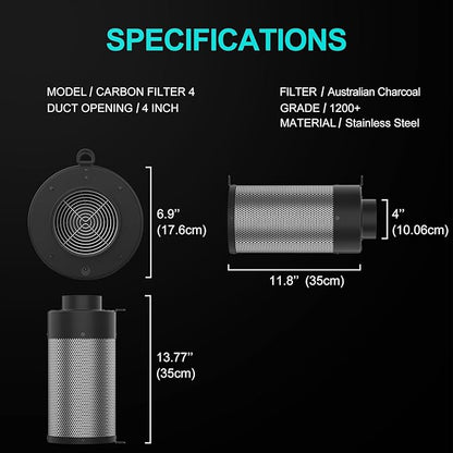 Air Carbon Filter with Built-in Fan, 4 Inch, Australian Virgin Charcoal, Carbon Filter for Grow Tent, Hydroponics, with Speed Control, Prefilter and Hanging Ropes
