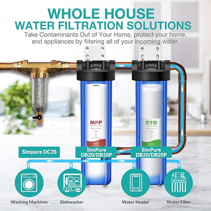 SimPure Whole House Water Filter Cartridges 5 Micron 20" x 4.5" CTO Activated Carbon Block, For DB20P, FC25B, CTO20BB, WHB20, 4 Pack