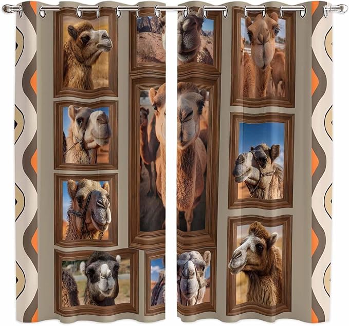 2 Panel Kitchen Cafe Curtains, Desert Camels Sunlight Filtering Nature Air Through, Home Decor Window Covering Tier Curtains for Living Room 104W x 84L inch Western Wildlife Brown Animals Country