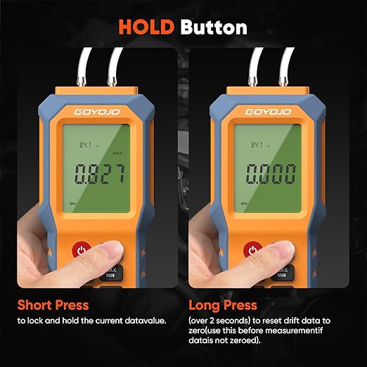Handheld Manometer with Backlit, Dual-Port HVAC Digital Manometer Gas Pressure Tester, LCD Screen & Indoor Temperature Measurement, 12 Units, for Natural Gas Pipelines Ventilation Detection
