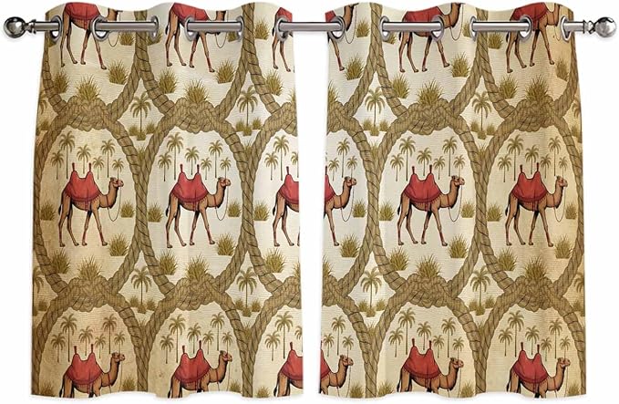 2 Panel Kitchen Cafe Curtains, Brown Desert Camels Sunlight Filtering Nature Air Through, Home Decor Window Covering Tier Curtains for Bedroom Living Room Tropical Date Coconut Trees Cords Leaves