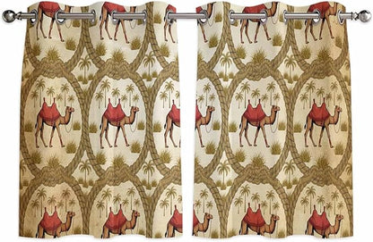 2 Panel Kitchen Cafe Curtains, Brown Desert Camels Sunlight Filtering Nature Air Through, Window Decor Tier Curtains for Living Room 104W x 52L inch Tropical Date Coconut Trees Cords Leaves