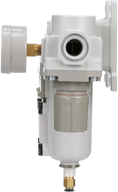 PneumaticPlus SAU430-N04DG-MEP Three Stage Air Drying System Particulate Air Filter, Coalescing Filter, Air Pressure Regulator Combo 1/2" NPT - Metal Bowl, Auto Drain, Bracket, Gauge