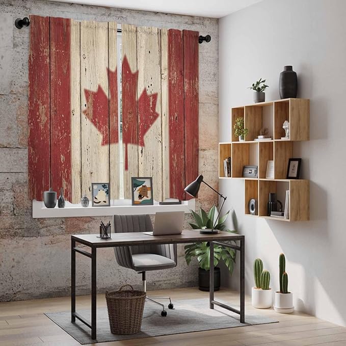 Canada Kitchen Curtains, Red Maple Leaf Flag Vintage Farmhouse Wooden Grain Light Filtering Window Curtain Panels, 2Pcs Rod Pocket Window Treatments Set for Living Room Bathroom Bedroom 42x63 Inches