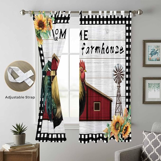 Farmhouse Rooster Living Room Curtains 96 Inch Length, Window Curtains Tab Top, Rustic Red Barn Windmill Sunflowers Light Filtering Window Treatments Drapes 52"x96" 2 Panel