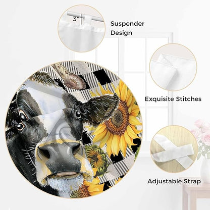 Retro Sunflowers Living Room Curtains 84 Inch Length, Window Curtains Tab Top, Farmhouse Floral Cow Butterfly Black Plaid Light Filtering Window Treatments Drapes 42"x84" 2 Panel
