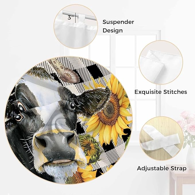 Retro Sunflowers Bedroom Curtains 72 Inch Length, Window Curtains Tab Top, Farmhouse Floral Cow Butterfly Black Plaid Light Filtering Window Treatments Drapes 52"x72" 2 Panel
