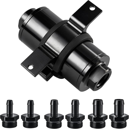 EVIL ENERGY Inline Fuel Filter 100 Micron with Barb 1/2", 3/8", 5/16" Fitting Adapter, Bracket Clamp 50MM Universal Aluminum Black for Gasoline, Diesel, Rubber Fuel Line
