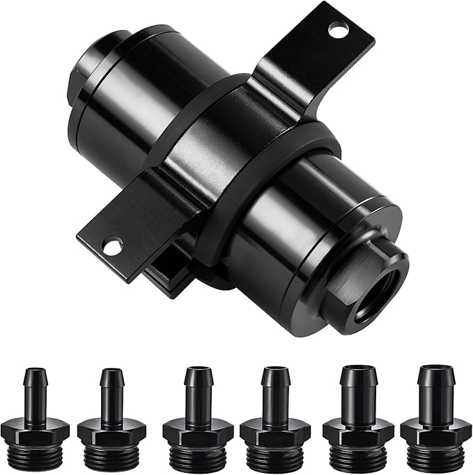 EVIL ENERGY Inline Fuel Filter 40 Micron with Barb 1/2", 3/8", 5/16" Fitting Adapter, Bracket Clamp 60MM Universal Aluminum Black for Gasoline, Diesel, Rubber Fuel Line