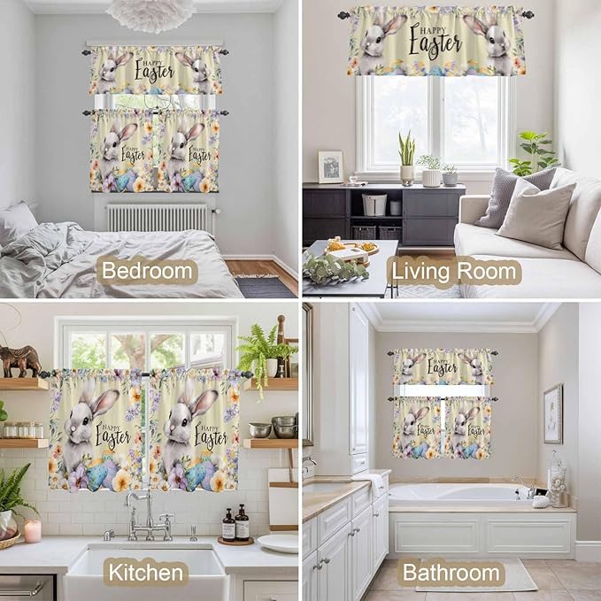 Happy Easter Kitchen Curtains Set 3 Piece for Windows,Rod Pocket Valance and Tier Set 24 Inch Length,Spring Grey Bunny Colorful Eggs Flower Brown Light Filtering Cafe Curtains for Living Room