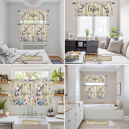 Happy Easter Kitchen Curtains Set 3 Piece for Windows,Rod Pocket Valance and Tier Set 36 Inch Length,Spring Grey Bunny Colorful Eggs Flower Brown Light Filtering Cafe Curtains for Living Room