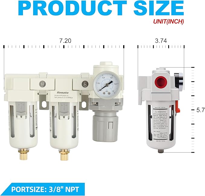 3/8" NPT Three Stage Air Drying System - 5 Micron Particulate Filter Air Pressure Regulator Combo - 0-125psi Gauge, Semi-Auto Drain, Metal Bracket