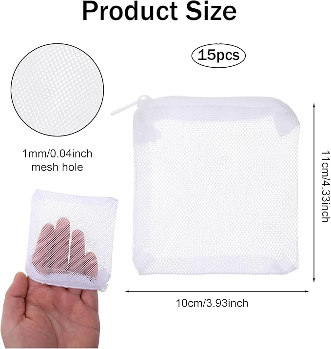 15Pcs Aquarium Filter Media Bags, Mini Fish Tank Media Mesh Filter Bags Reusable for Activated Carbon,Filter Stones(4.3”×3.9”(White)