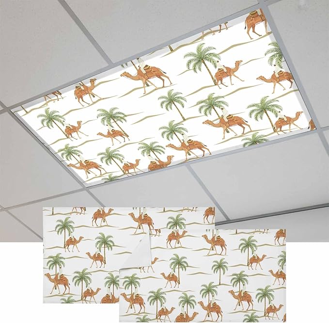 Fluorescent Light Covers for Drop Ceiling Abstract Brown Camels Palm-Trees Magnetic Light Filters, Vintage Deserts Ceiling Shade Filters for Home Classroom Office,2x4 ft,2Packs