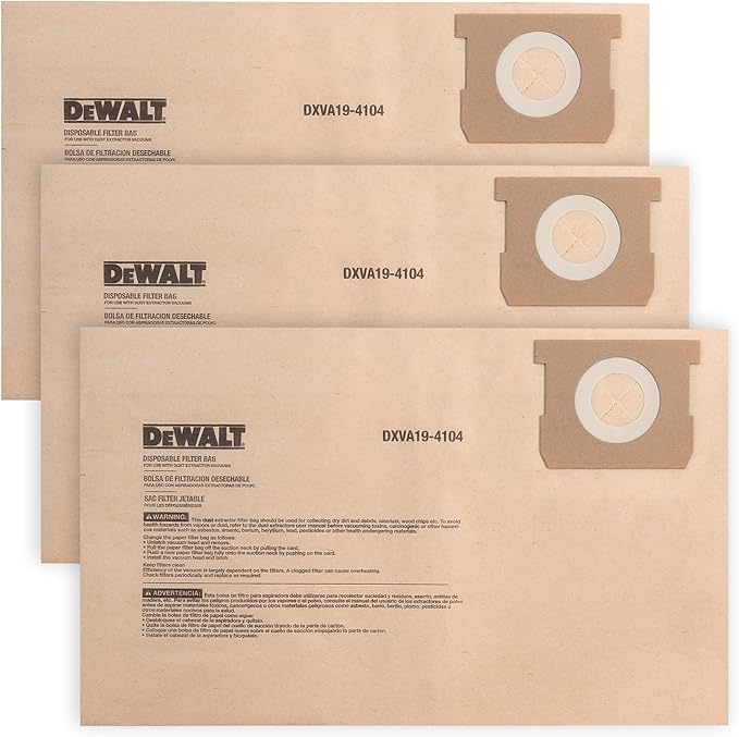 DEWALT DXVA19-4104 Dust Filter Bags, High Efficiency Replacement Bags for DEWALT Wet Dry Vac 5-8 Gallon, Wet Dry Vac Accessories, Dust Collection Bag Vacuum Bag (3-Pack)