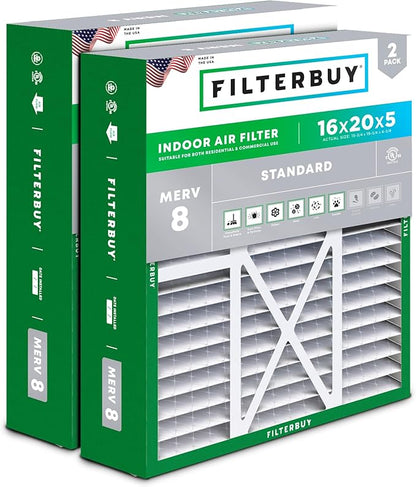 Filterbuy 16x20x5 Air Filter MERV 8 Essential Dust & Allergy Defense (2-Pack), Pleated HVAC AC Furnace Filters for Honeywell FC100A1003, Lennox X0592, and More (Actual Size: 15.75 x 19.75 x 4.38)