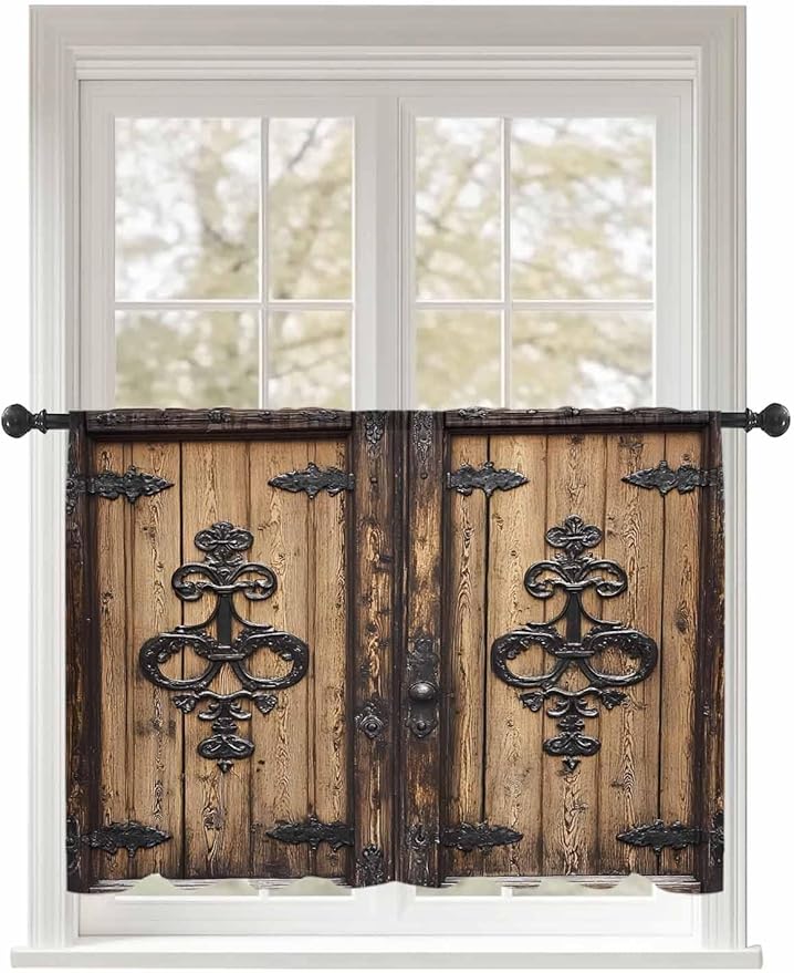Sheer Curtains 54 Inch Length, Barn Door Semi Sheer Curtains Light Filtering Window Treatment, Farmhouse Wooden Grain Rustic Tribal Pattern Privacy Voile Drapes for Living Room Bedroom 52x54 Inch