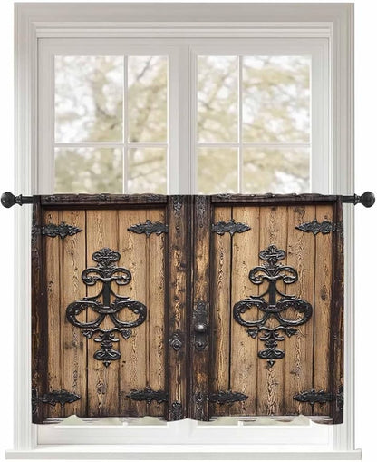 Sheer Curtains 54 Inch Length, Barn Door Semi Sheer Curtains Light Filtering Window Treatment, Farmhouse Wooden Grain Rustic Tribal Pattern Privacy Voile Drapes for Living Room Bedroom 52x54 Inch