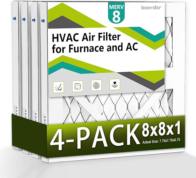 4pack 8x8x1 Air Filter MERV 8, HVAC/Furnace AC Filter Replacement, Dust Defense–Comparable with MPR 600 & FPR 5 (Actual 7.75x7.75x0.75)