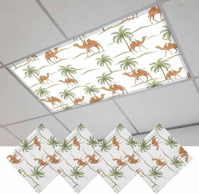 Fluorescent Light Covers for Drop Ceiling Abstract Brown Camels Palm-Trees Magnetic Light Filters, Vintage Deserts Ceiling Shade Filters for Home Classroom Office,2x4 ft,4Packs