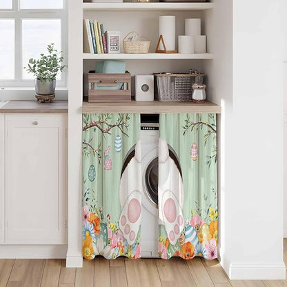 Easter Kitchen Curtains 54 Inch Long 2 Panel Set, Rod Pocket Window Curtains Panels, Spring Watercolor Bunny Eggs Wooden Grain Green Light Filtering Drapery Draperies for Bathroom Bedroom 52"W x 54"L