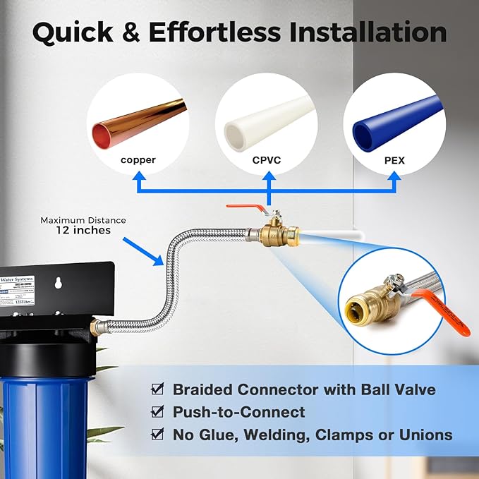 iSpring WGB21B-KS+AHPF12MNPT16X2 2-Stage Whole House Water Filtration System w/ 3/4'' Push-Fit Braided Stainless Steel Hose Connectors, Removes Chlorine, Lead, Odor and More, 1" Inlet/Outlet Ports