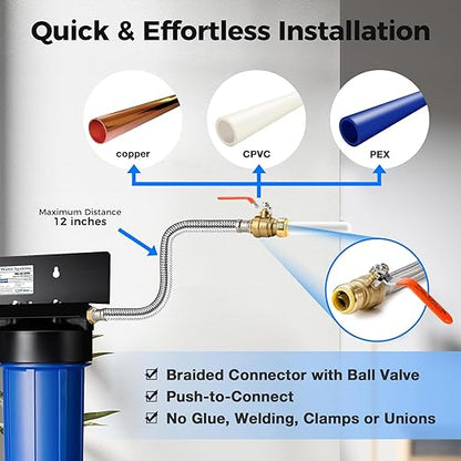 iSpring WGB32B-KDS+AHPF12MNPT16X2 Whole House Water Filtration System, Reduces Lead, Scale, Chlorine, Chloramine, 3-Stage Whole House Water Filter w/ 3/4'' Push-Fit Stainless Steel Hose Connectors