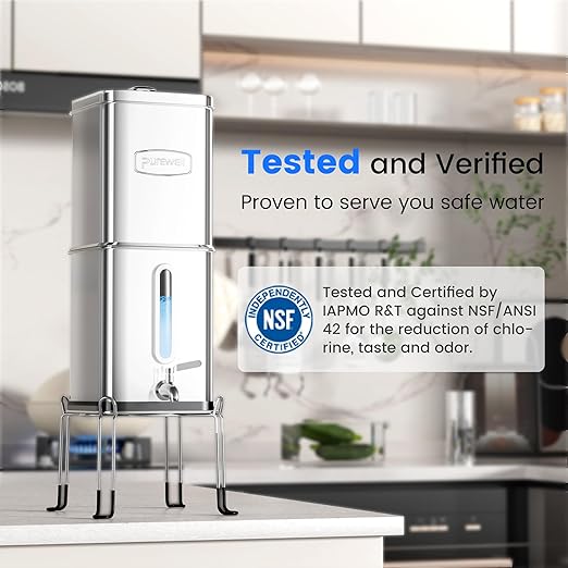 Purewell Square Series 3-Stage Gravity Fed Water Filter System with Smart Timer, Stainless Steel Countertop System with Water Level Window, 2 Upgraded Filters and Stand, Reduce 99% Chlorine, SQ-2.25G