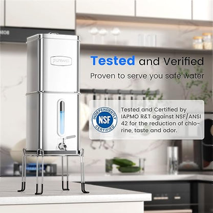 Purewell Square Series 3-Stage Gravity Fed Water Filter System with Smart Timer, Stainless Steel Countertop System with Water Level Window, 2 Upgraded Filters and Stand, Reduce 99% Chlorine, SQ-2.25G