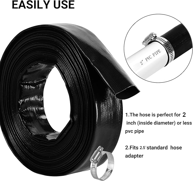 2.5" x 50 FT Pool Backwash Hose, Black Heavy Duty Reinforced PVC Lay Flat Water Discharge Hose for Swimming Pool Filter Pump,with 2 Clamp