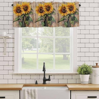 Kitchen Valances for Window, Watercolor Sunflower Retro Board Light Filtering Rod Pocket Valance Curtain, Farm Brown Wood Grain Short Curtains Window Topper for Bedroom Bathroom Living Room 42x12in