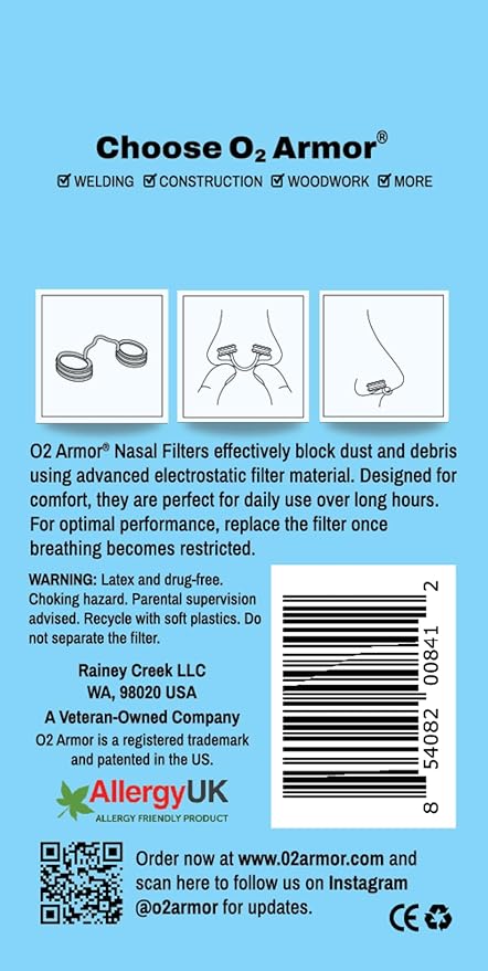 O2 Armor Nose Filters for Welders & Allergies - Nose Filter for Dust - Nasal Filters for Welding - Nose Dust Mask for Construction (10 Pack, Size Large)