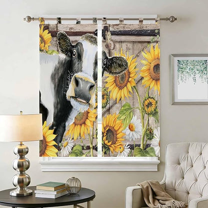 Retro Farmhouse Flower Living Room Curtains 84 Inch Length, Window Curtains Tab Top, Yellow Sunflowers Cow Barn Doors Brown Light Filtering Window Treatments Drapes 42"x84" 2 Panel