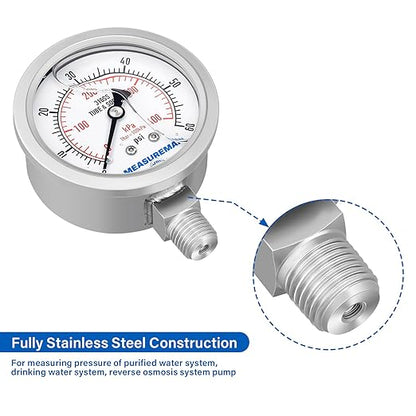 MEASUREMAN Fully Stainless Steel Hydraulic Glycerin Filled Pressure Gauge, 2-1/2" Dial Size, 1/4" NPT Lower Mount, 0-60psi/kpa