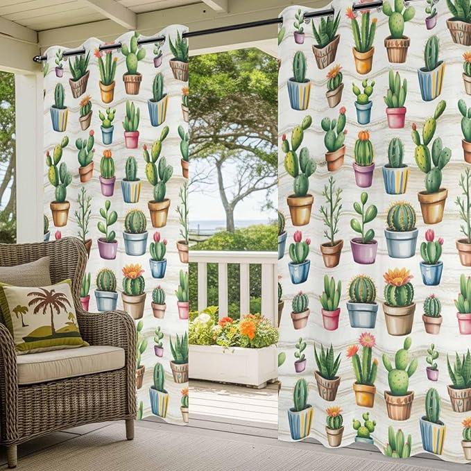 Summer Cactus Outdoor Curtains for Patio Cactus Tropical Plant Wooden Waterproof Outside Curtains with Grommet Top Weatherproof Curtain for Cabana Pergola Gazebo, 2 Pack, 54" W x 95" L